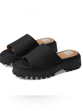 DV Dolce Vita LILIAH Black Faux Leather Chunky Lug Heel Platform Slide Sandals
